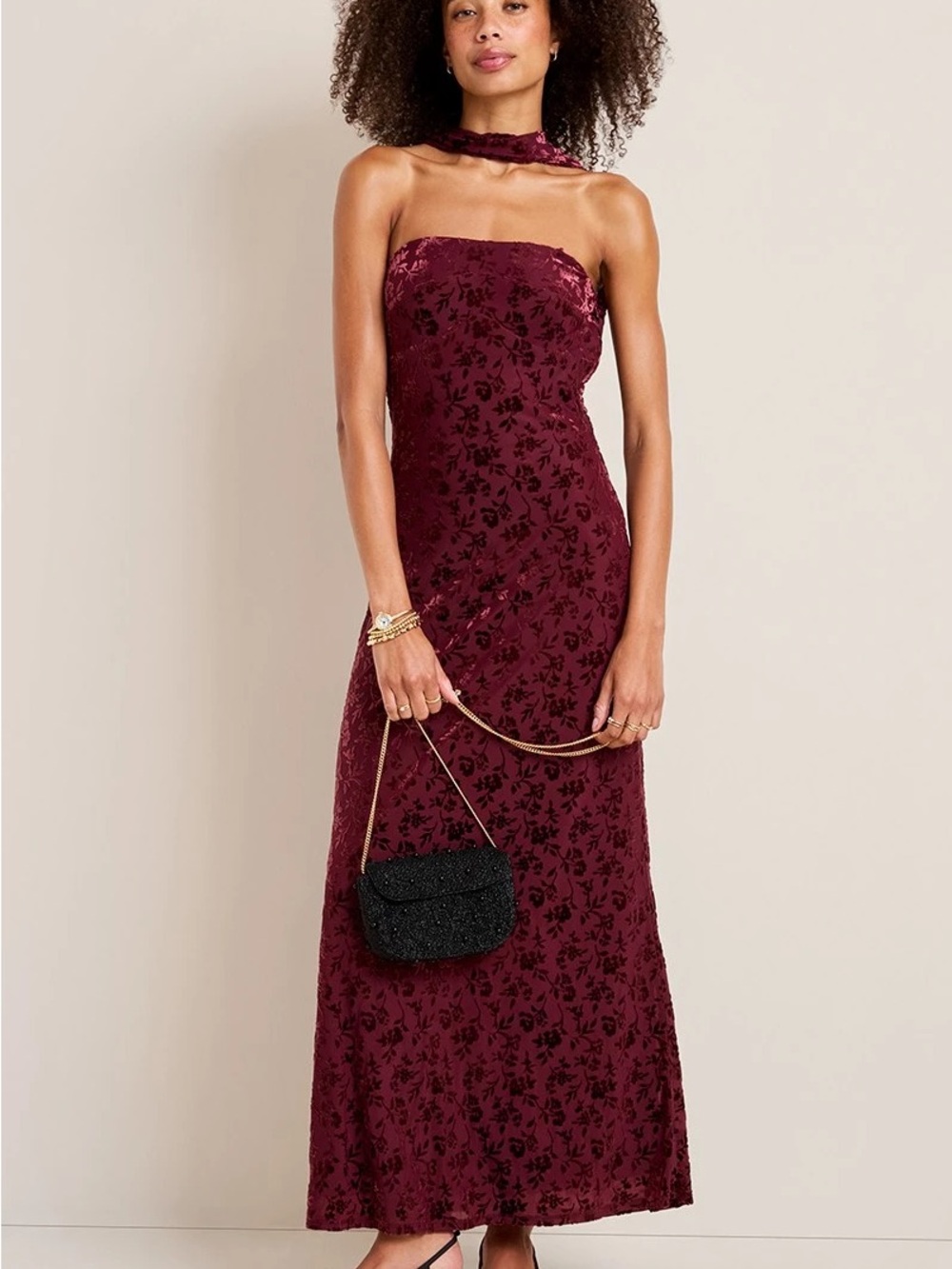Trixxi Strapless Burgundy Floral Velvet Maxi Dress